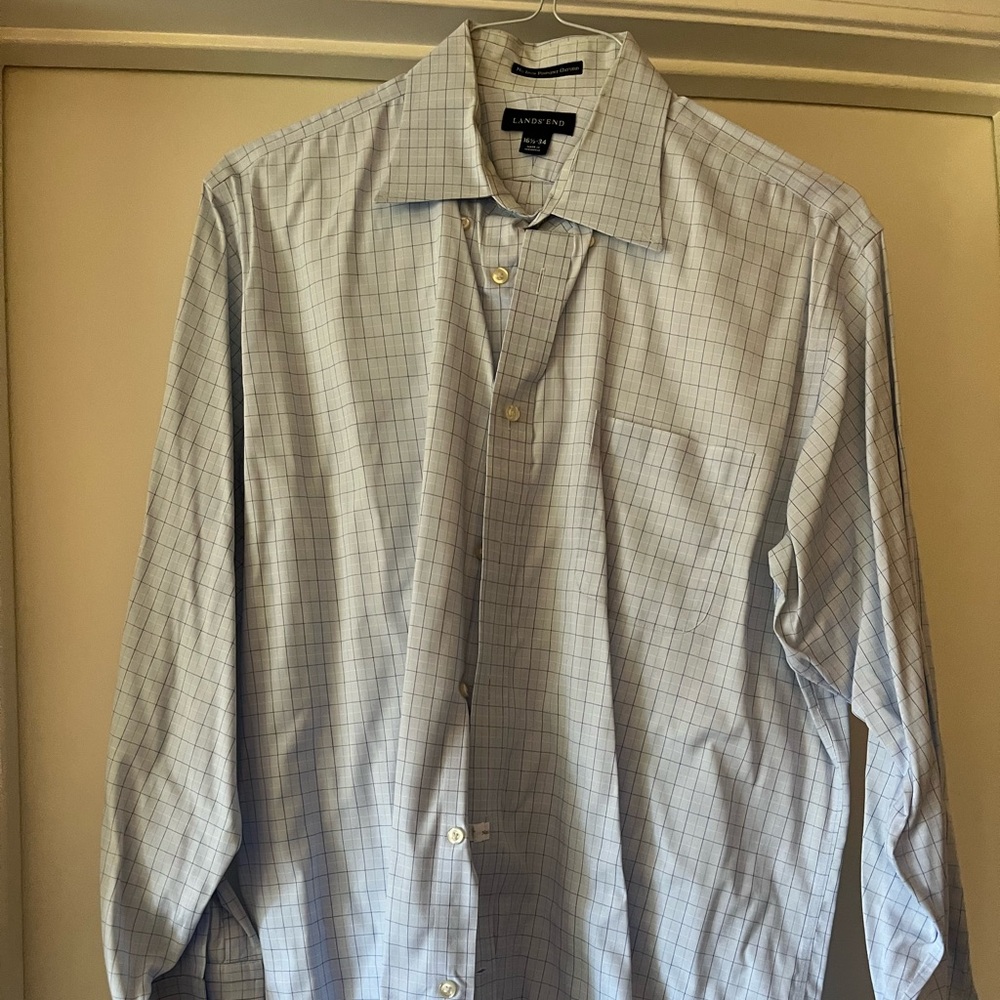 Lands end no iron pinpoint Oxford in light blue check 16.5 x 34